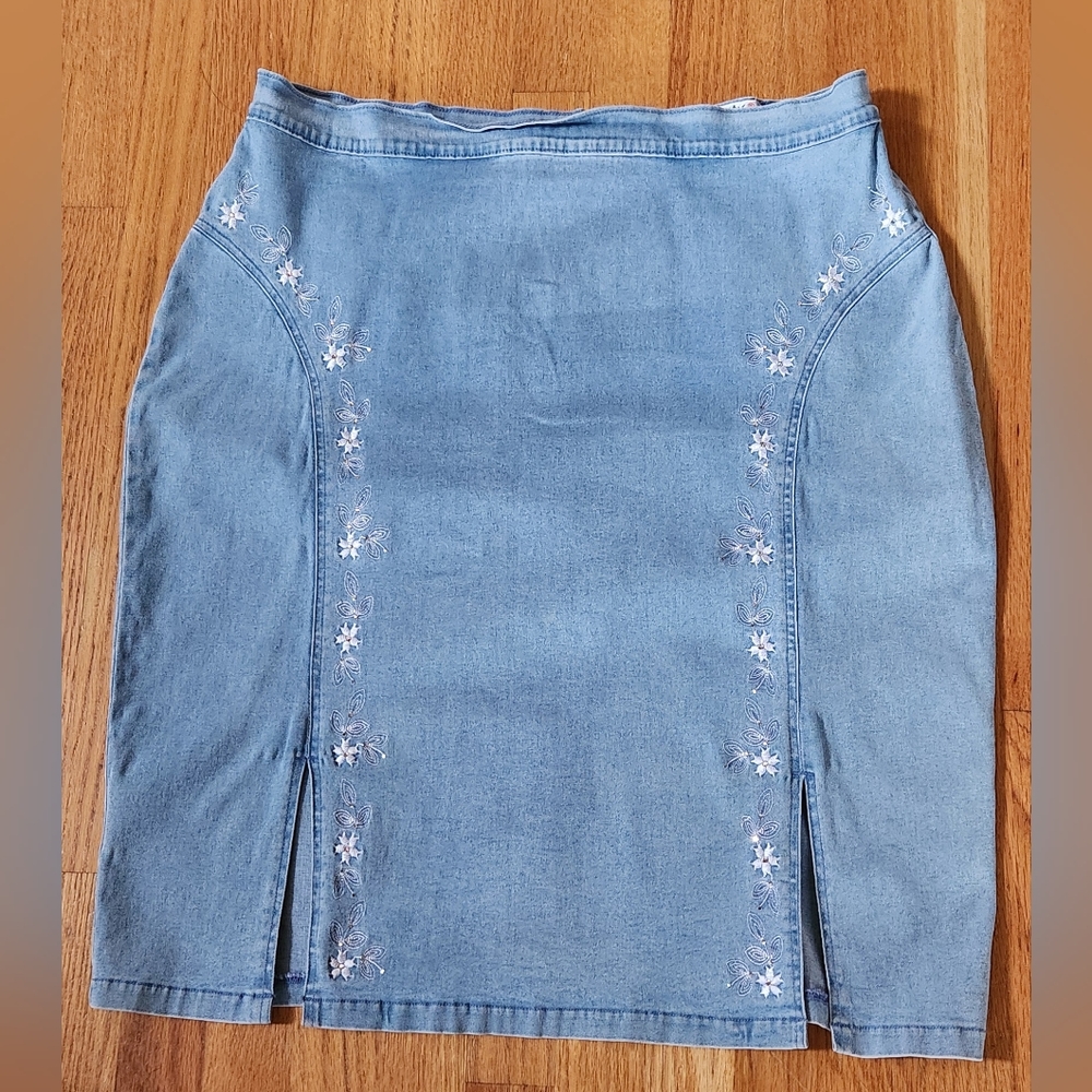 Light Blue Denim Pencil Skirt with Embroidered Detail